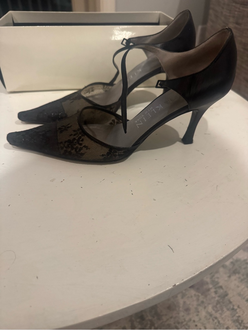 Anne Klein Black Lace Pointed Toe Tie-Strap Heels